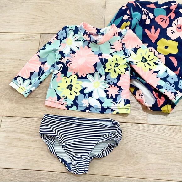 Carter's Pink and Blue Rashguard Swim Set with Floral Patterns - Picture 4 of 6